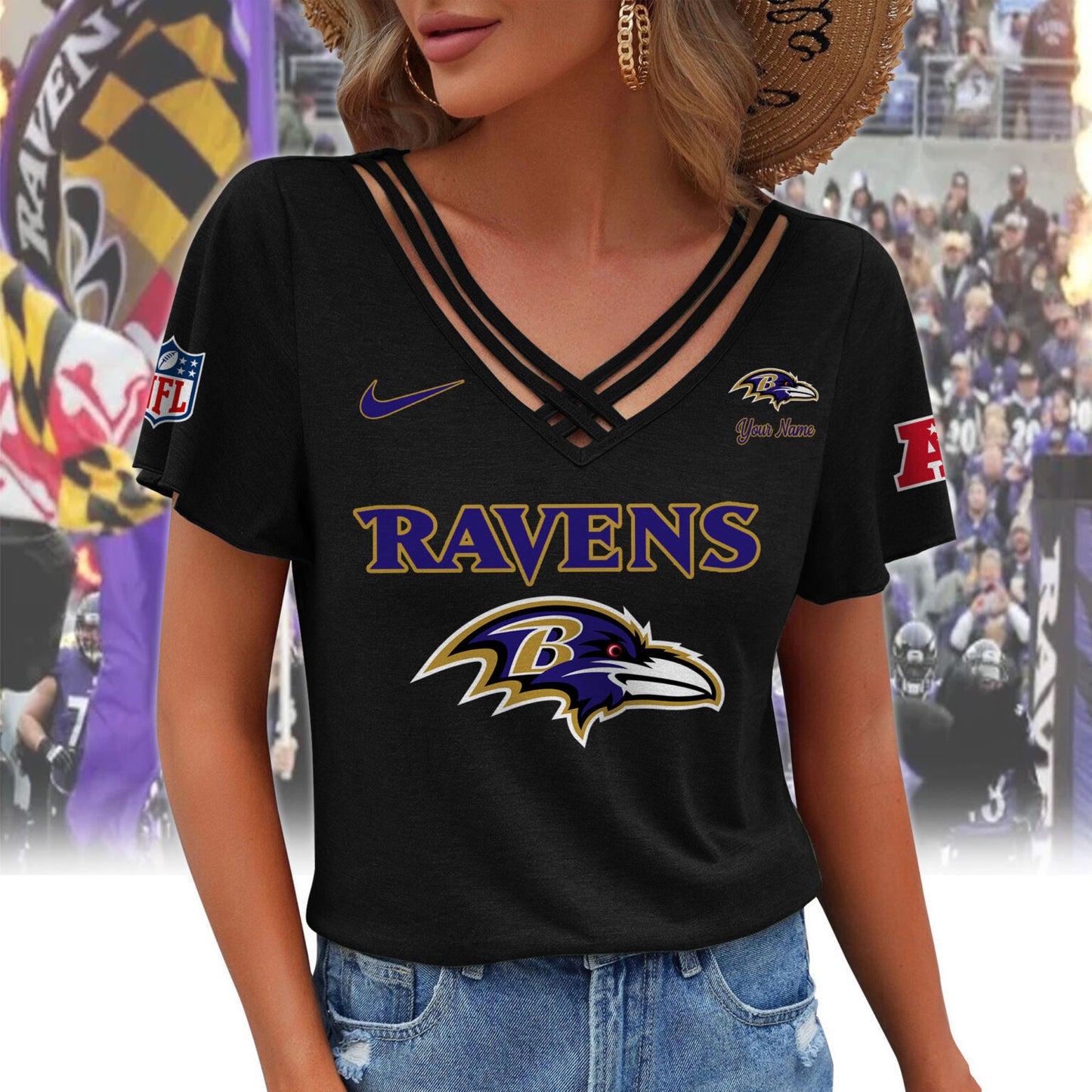[SPECIAL OFFER] NEW CUSTOMIZED NFL28 BTR BALTIMORE RAVENS V-NECK SHIRT