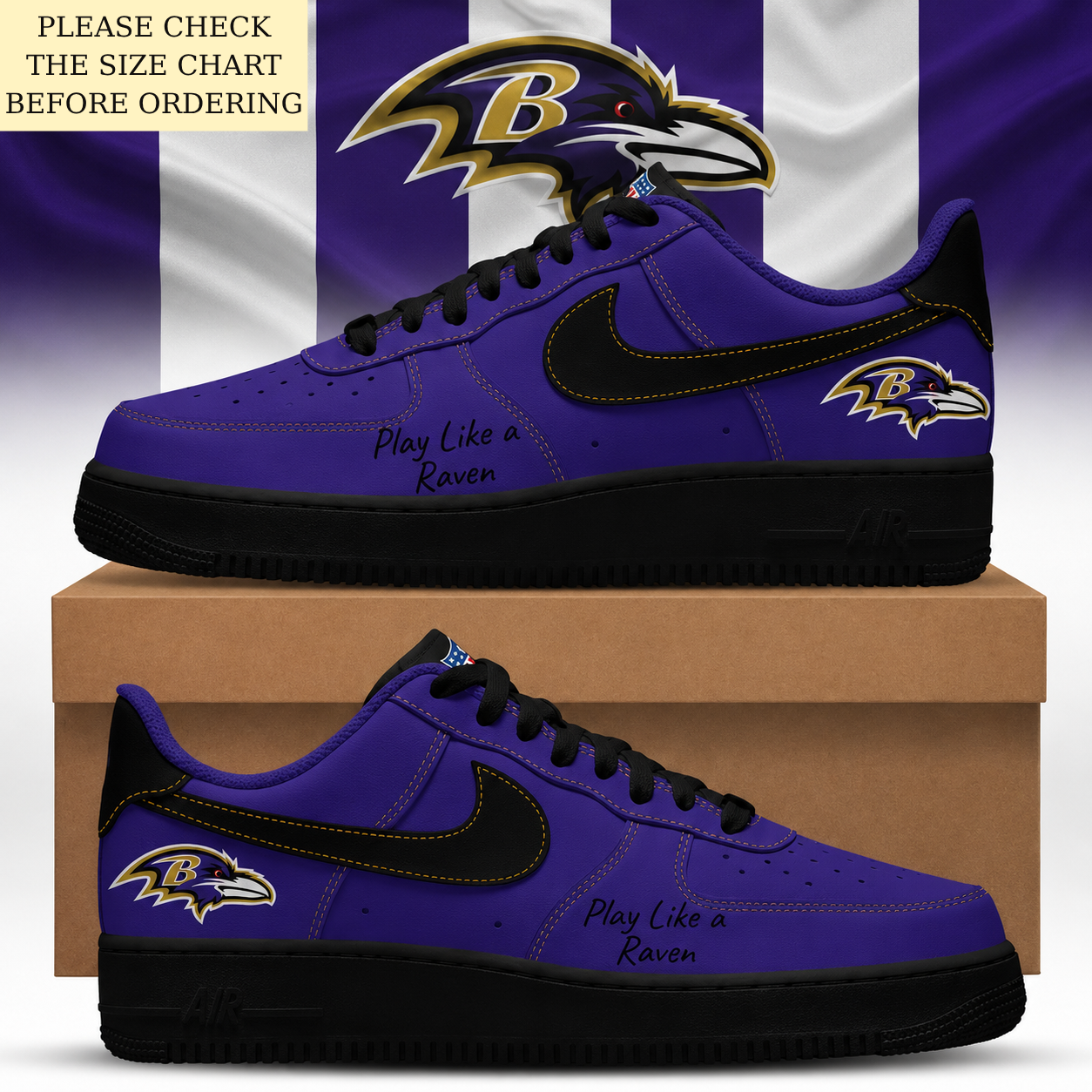 LIMITED EDITION - NEW CUSTOMIZED NFL28 BTR BALTIMORE RAVENS AF1 SHOES