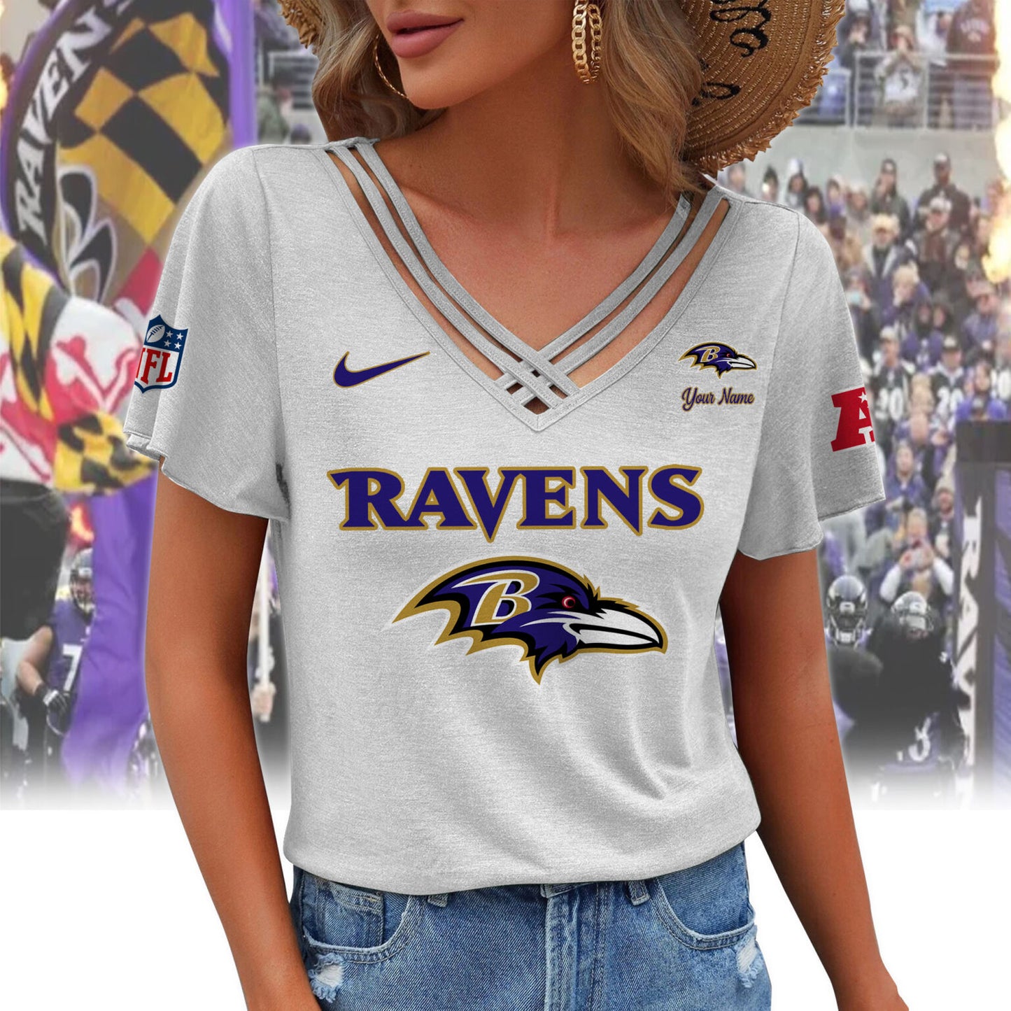 [SPECIAL OFFER] NEW CUSTOMIZED NFL28 BTR BALTIMORE RAVENS V-NECK SHIRT