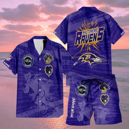 LIMITED EDITION  - NEW CUSTOMIZED NFL28 BTR BALTIMORE RAVENS UNISEX HAWAIIAN SHIRT & SHORTS SET