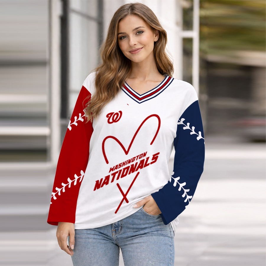 LIMITED EDITION - NEW CUSTOMIZED MLB28 WNS WASHINGTON NATIONALS WOMEN'S HEART V-NECK LONG SLEEVE SHIRT