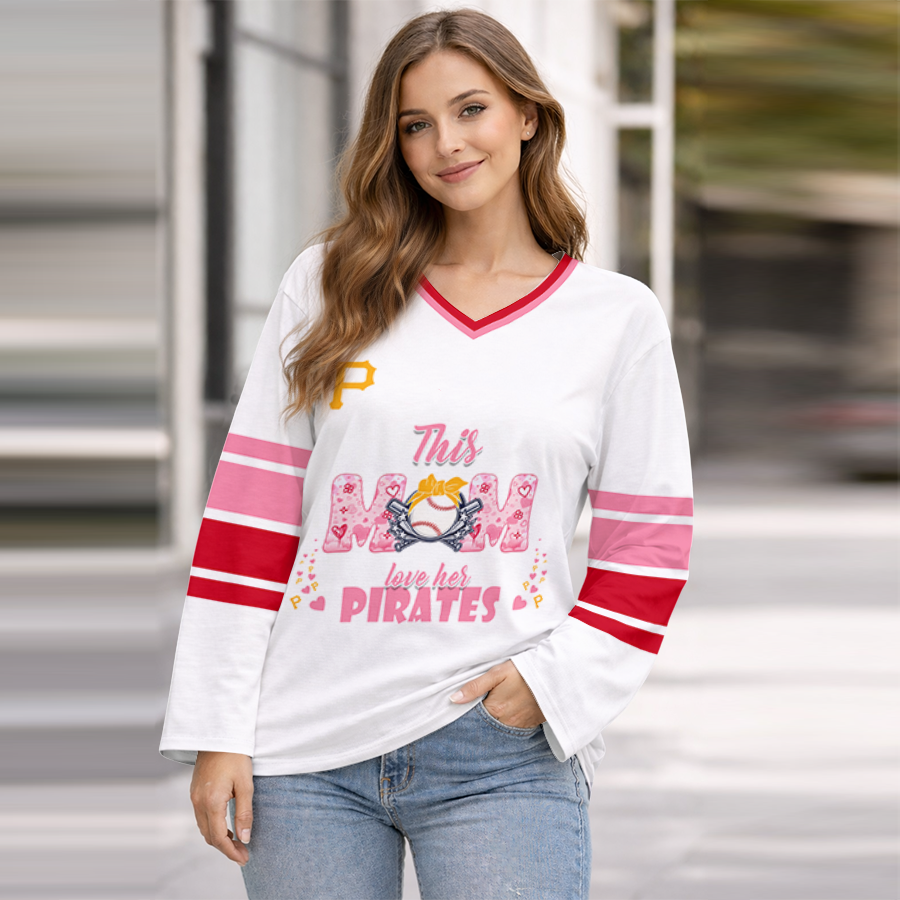 LIMITED EDITION - NEW CUSTOMIZED MLB29 PHP PITTSBURGH PIRATES WOMEN'S HEART V-NECK LONG SLEEVE SHIRT