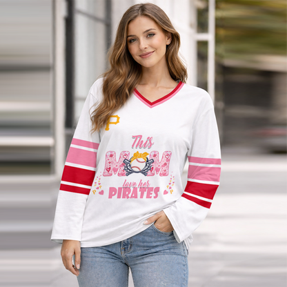 LIMITED EDITION - NEW CUSTOMIZED MLB29 PHP PITTSBURGH PIRATES WOMEN'S HEART V-NECK LONG SLEEVE SHIRT