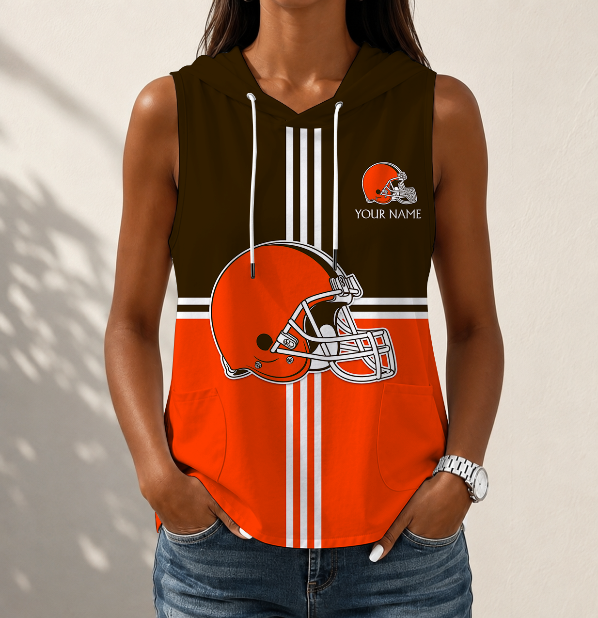 LIMITED EDITION - NEW CUSTOMIZED NFL29 CLB CLEVELAND BROWNS WOMEN'S SLEEVELESS HOODED POCKET TANK TOP