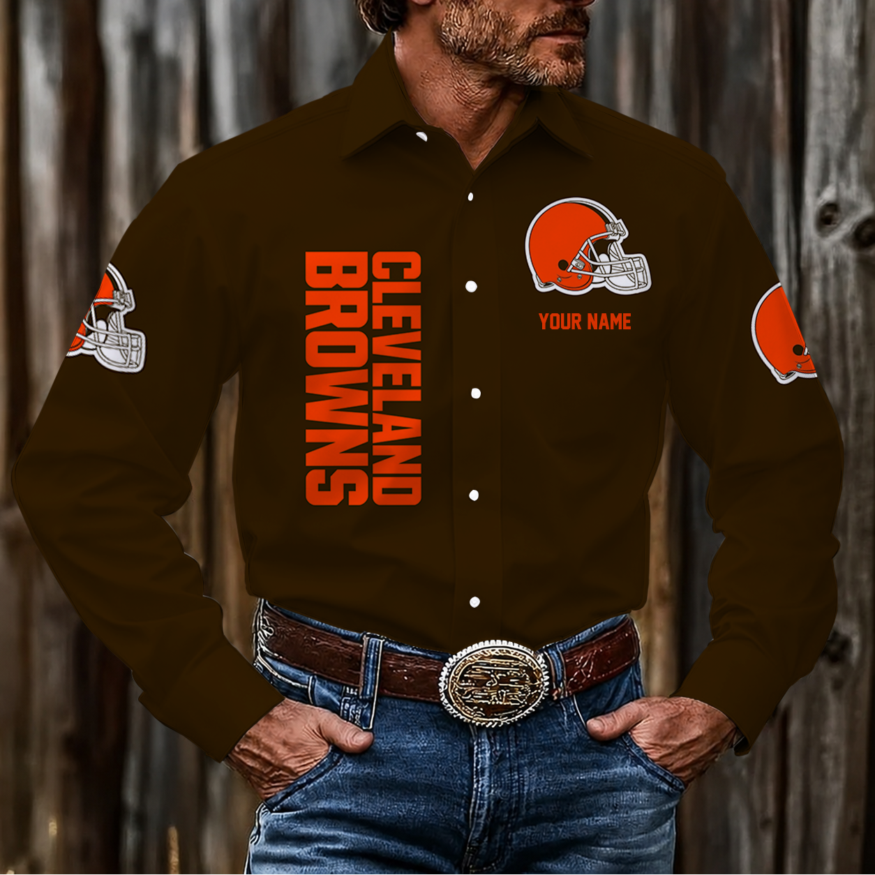 LIMITED EDITION - NEW CUSTOMIZED NFL29 CLB CLEVELAND BROWNS MEN'S LONG SLEEVE BUTTON-UP SHIRT