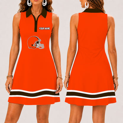 [SPECIAL OFFER] NEW CUSTOMIZED NFL29 CLB CLEVELAND KHAKIS WOMEN'S ZIP SLEEVELESS POLO DRESS