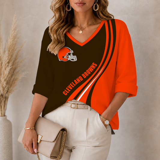 [SPECIAL OFFER] NEW CUSTOMIZED NFL29 CLB CLEVELAND KHAKIS WOMEN'S HEART V-NECK LONG SLEEVE SHIRT