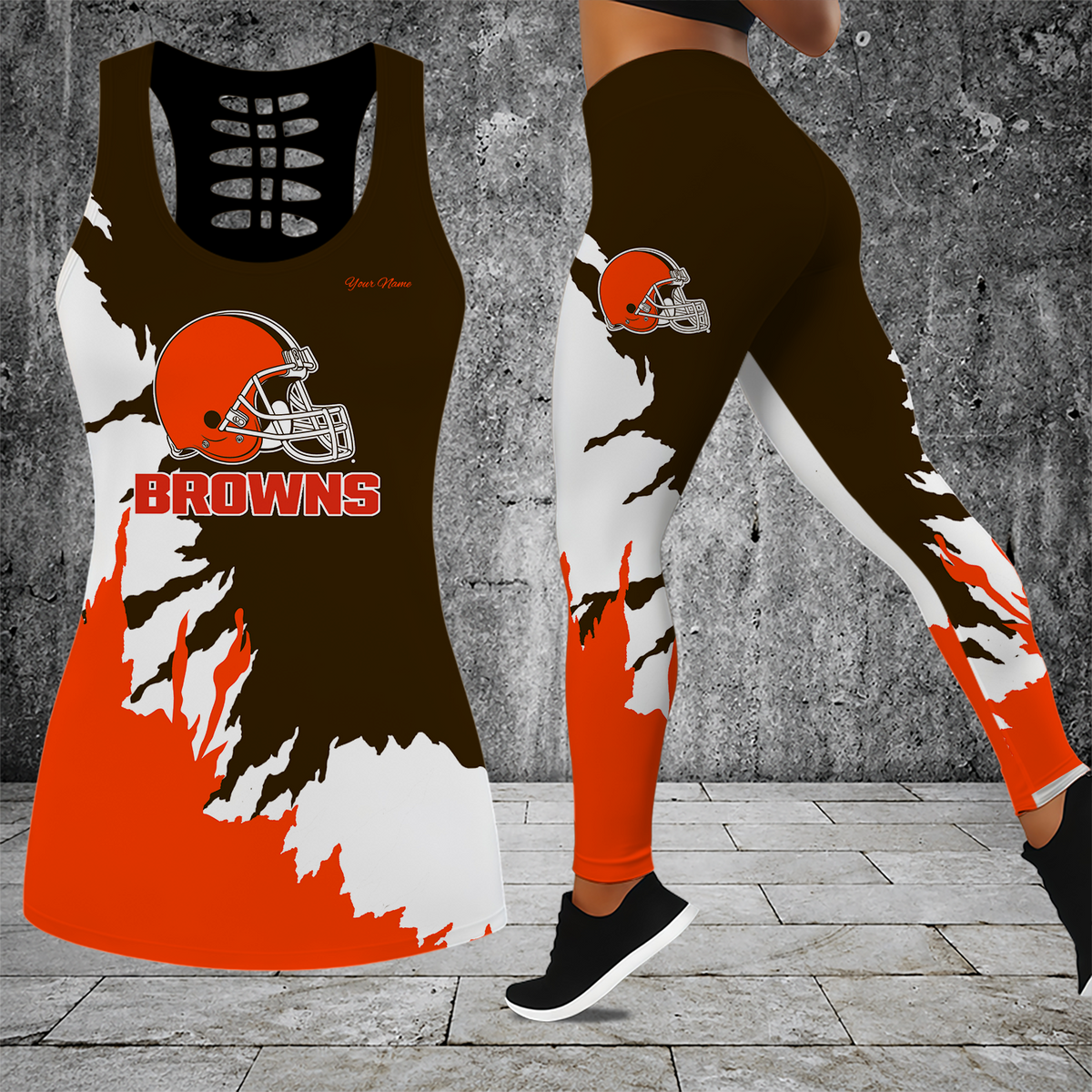 [SPECIAL OFFER] NEW CUSTOMIZED NFL29 CLB CLEVELAND BROWNS HOLLOW TANK TOP & LEGGINGS SET