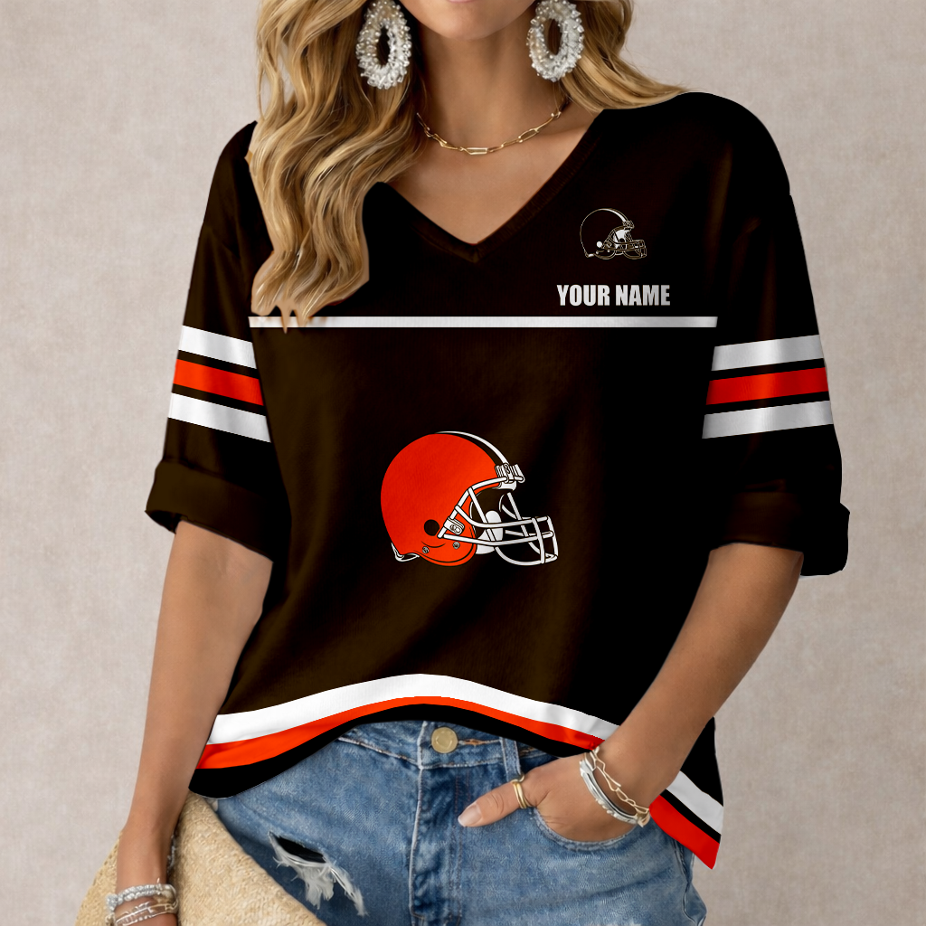 LIMITED EDITION - NEW CUSTOMIZED NFL29 CLB CLEVELAND BROWNS WOMEN'S V-NECK MID-SLEEVE SHIRT