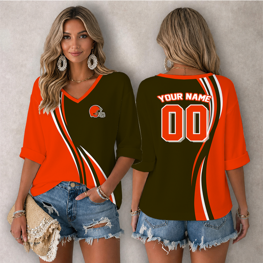 LIMITED EDITION - NEW CUSTOMIZED NFL29 CLB CLEVELAND KHAKIS WOMEN'S HEART V-NECK LONG SLEEVE SHIRT