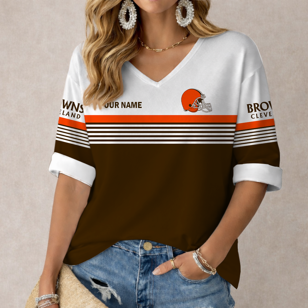 VIRAL EDITION - NEW CUSTOMIZED NFL29 CLB CLEVELAND KHAKIS WOMEN'S HEART V-NECK LONG SLEEVE SHIRT