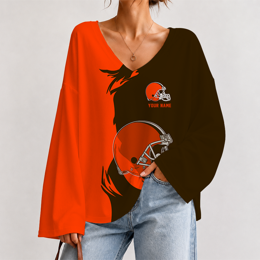 [SPECIAL OFFER] NEW CUSTOMIZED NFL29 CLB CLEVELAND KHAKIS V NECK LONG SLEEVED CROP TOP