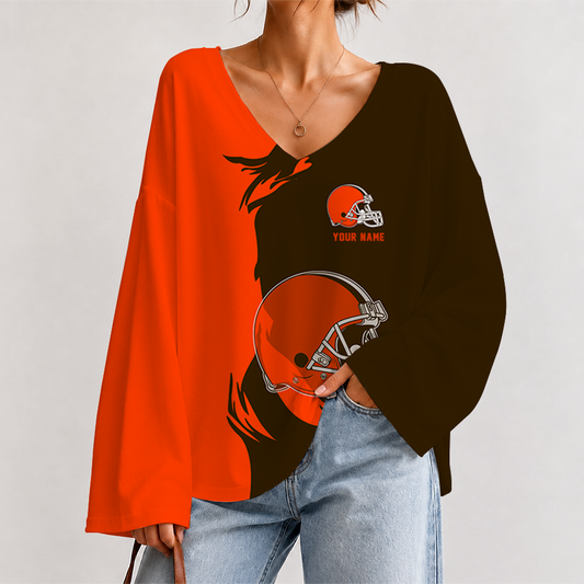 [SPECIAL OFFER] NEW CUSTOMIZED NFL29 CLB CLEVELAND KHAKIS V NECK LONG SLEEVED CROP TOP