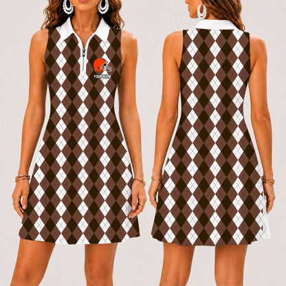 [SPECIAL OFFER] NEW CUSTOMIZED NFL29 CLB CLEVELAND KHAKIS WOMEN'S ZIP SLEEVELESS POLO DRESS