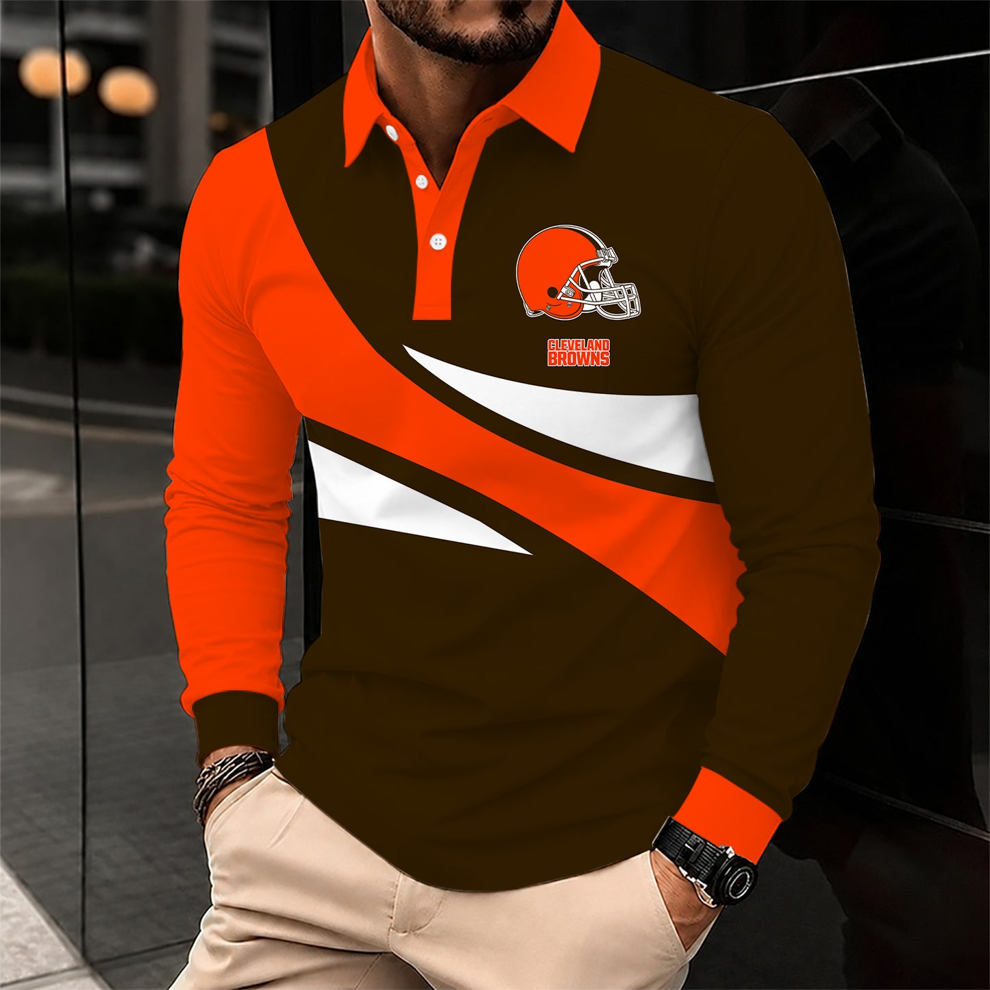 [SPECIAL OFFER] NEW CUSTOMIZED NFL29 CLB CLEVELAND BROWNS LONG SLEEVE POLO SHIRT