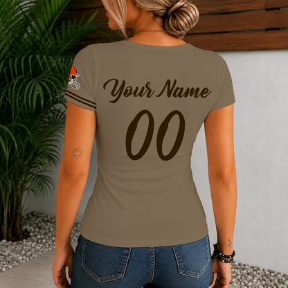 [SPECIAL OFFER] NEW CUSTOMIZED NFL29 CLB CLEVELAND BROWNS WOMEN'S SHORT SLEEVE HENLEY T-SHIRT