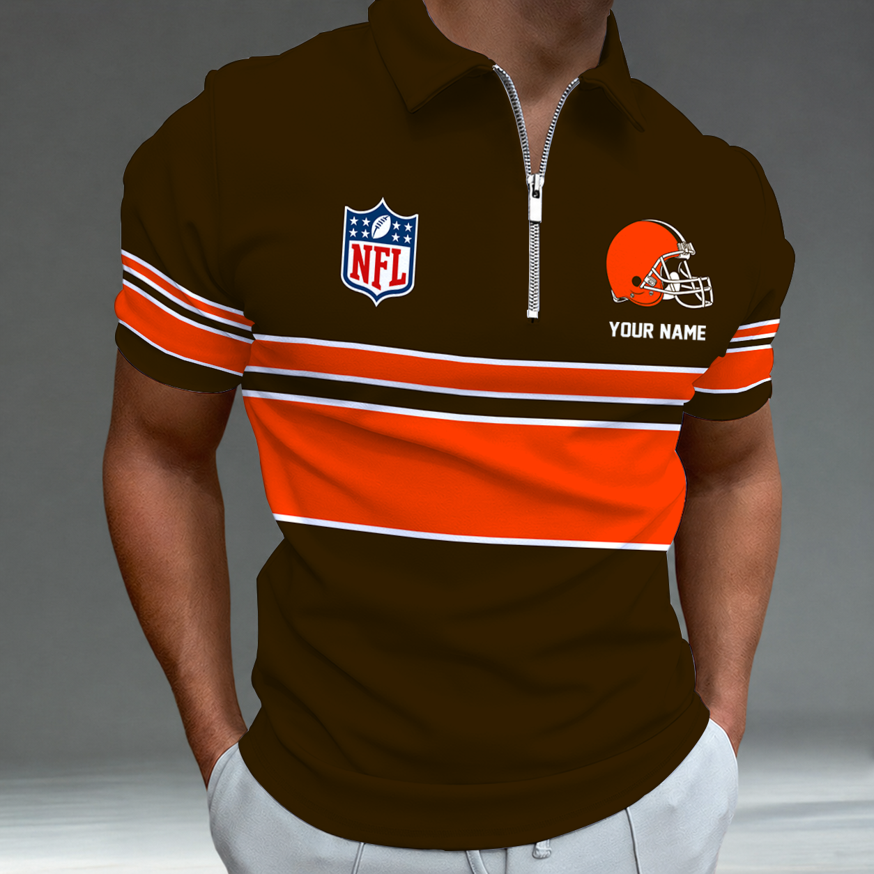[SPECIAL OFFER] NEW CUSTOMIZED NFL29 CLB CLEVELAND BROWNS ZIP POLO SHIRT