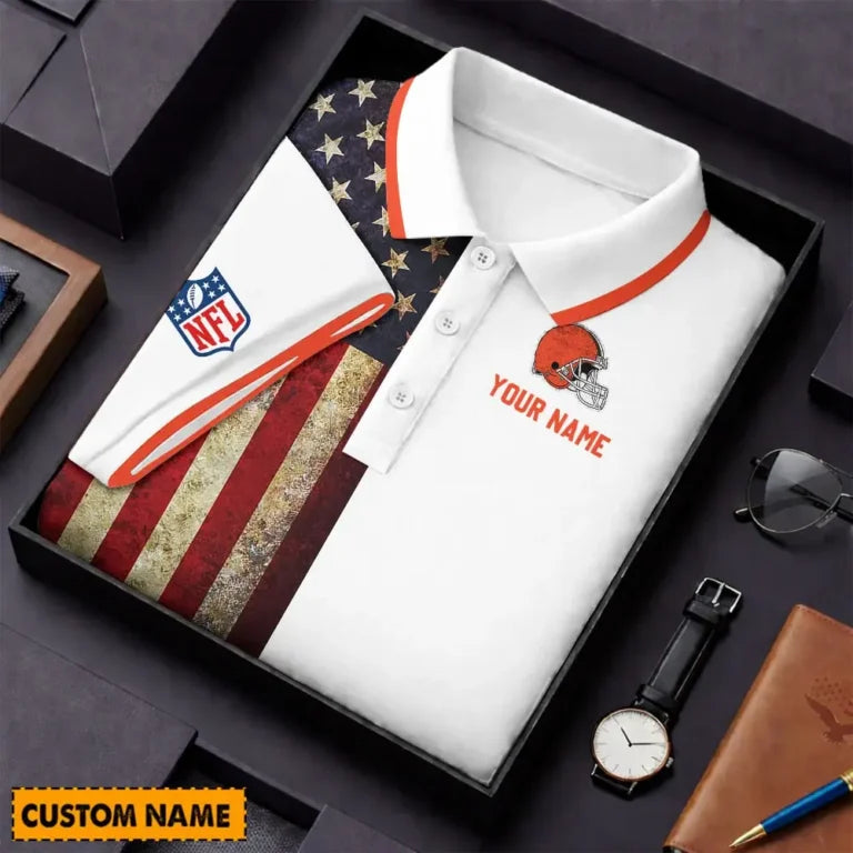 [SPECIAL OFFER] NEW CUSTOMIZED NFL29 CLB CLEVELAND BROWNS US FLAG POLO SHIRT