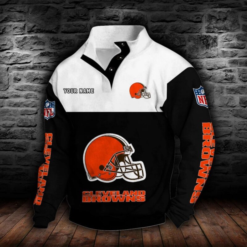 LIMITED EDITION - NEW CUSTOMIZED NFL29 CLB CLEVELAND BROWNS QUARTER-BUTTON STAND-COLLAR SWEATSHIRT