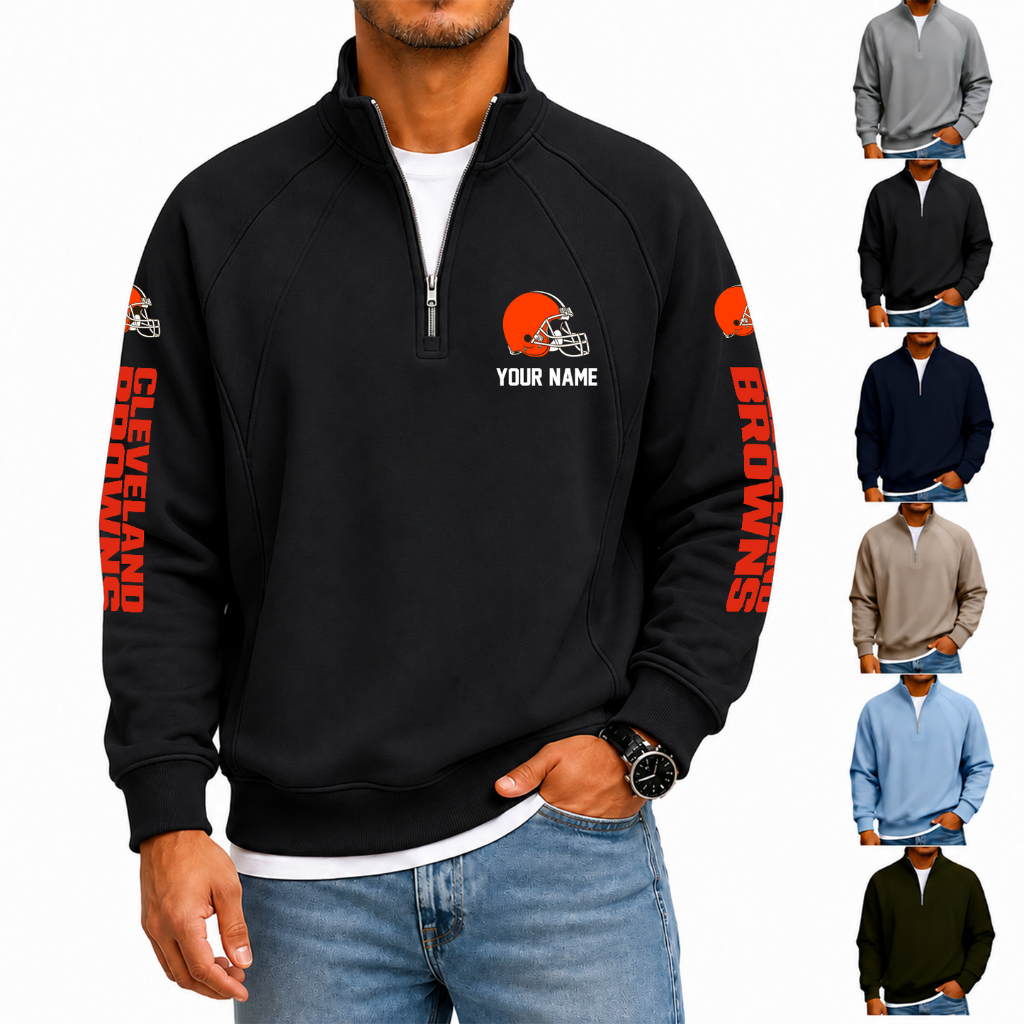 [SPECIAL OFFER] NEW CUSTOMIZED NFL29 CLB CLEVELAND BROWNS MEN'S QUARTER ZIP PULLOVER