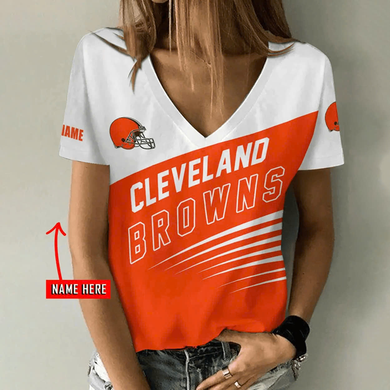 [SPECIAL OFFER] NEW CUSTOMIZED NFL29 CLB CLEVELAND BROWNS V-NECK FEMALE SHIRT