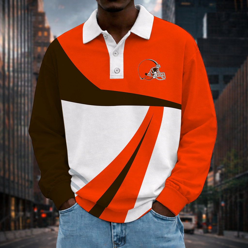 [SPECIAL OFFER] NEW CUSTOMIZED NFL29 CLB CLEVELAND KHAKIS LONG SLEEVE POLO SHIRT