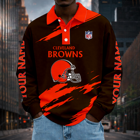 LIMITED EDITION - NEW CUSTOMIZED NFL29 CLB CLEVELAND BROWNS MEN LONG SLEEVE POLO