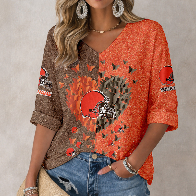LIMITED EDITION - NEW CUSTOMIZED NFL29 CLB CLEVELAND BROWNS WOMEN'S HEART V-NECK LONG SLEEVE SHIRT