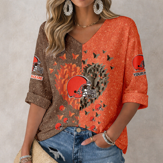 LIMITED EDITION - NEW CUSTOMIZED NFL29 CLB CLEVELAND BROWNS WOMEN'S HEART V-NECK LONG SLEEVE SHIRT