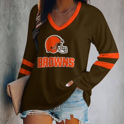 LIMITED EDITION - NEW CUSTOMIZED NFL29 CLB CLEVELAND BROWNS WOMEN'S V-NECK LONG SLEEVED SHIRT