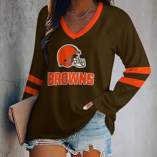 LIMITED EDITION - NEW CUSTOMIZED NFL29 CLB CLEVELAND BROWNS WOMEN'S V-NECK LONG SLEEVED SHIRT