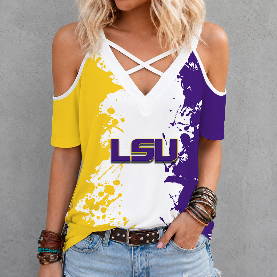 [FAN FAVORITE] NEW CUSTOMIZED NCAA FBS29 LST LSU TIGERS CRISS CROSS V-NECK TOP