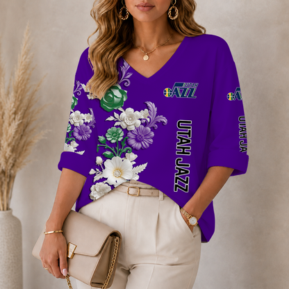 [HOT DEAL] NEW CUSTOMIZED NBA29 UJZ UTAH JAZZ WOMEN'S V-NECK LONG SLEEVE SHIRT