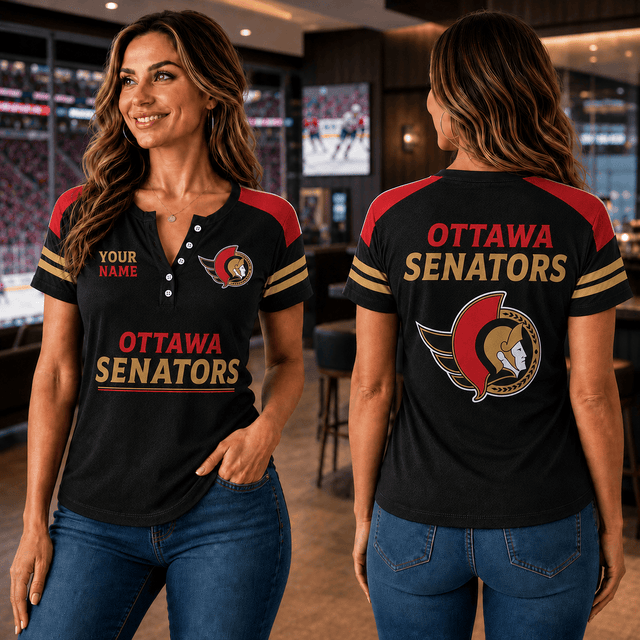 SPECIAL EDITION - NEW CUSTOMIZED NHL29 OSN OTTAWA SENATORS WOMEN'S SHORT SLEEVE HENLEY T-SHIRT