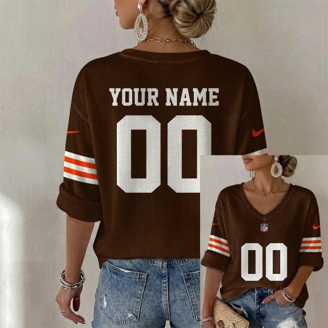 ELITE EDITION - NEW CUSTOMIZED NFL29 CLB CLEVELAND KHAKIS WOMEN'S HEART V-NECK LONG SLEEVE SHIRT