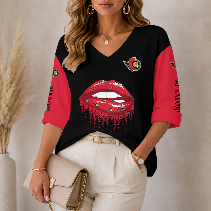 [SUPER SALE] NEW CUSTOMIZED NHL29 OSN OTTAWA SENATORS WOMEN'S HEART V-NECK LONG SLEEVE SHIRT
