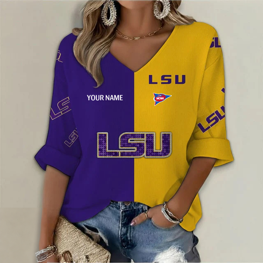 ELITE EDITION - NEW CUSTOMIZED NCAA FBS29 LST LSU TIGERS WOMEN'S HEART V-NECK LONG SLEEVE SHIRT