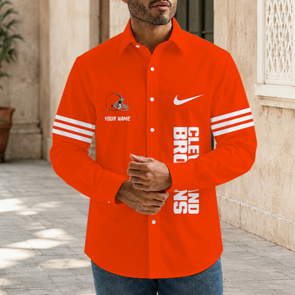 [SPECIAL OFFER] NEW CUSTOMIZED NFL29 CLB CLEVELAND BROWNS MEN'S LONG SLEEVE BUTTON-UP SHIRT