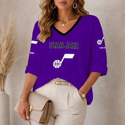 [HOT DEAL] NEW CUSTOMIZED NBA29 UJZ UTAH JAZZ WOMEN'S HEART V-NECK LONG SLEEVE SHIRT