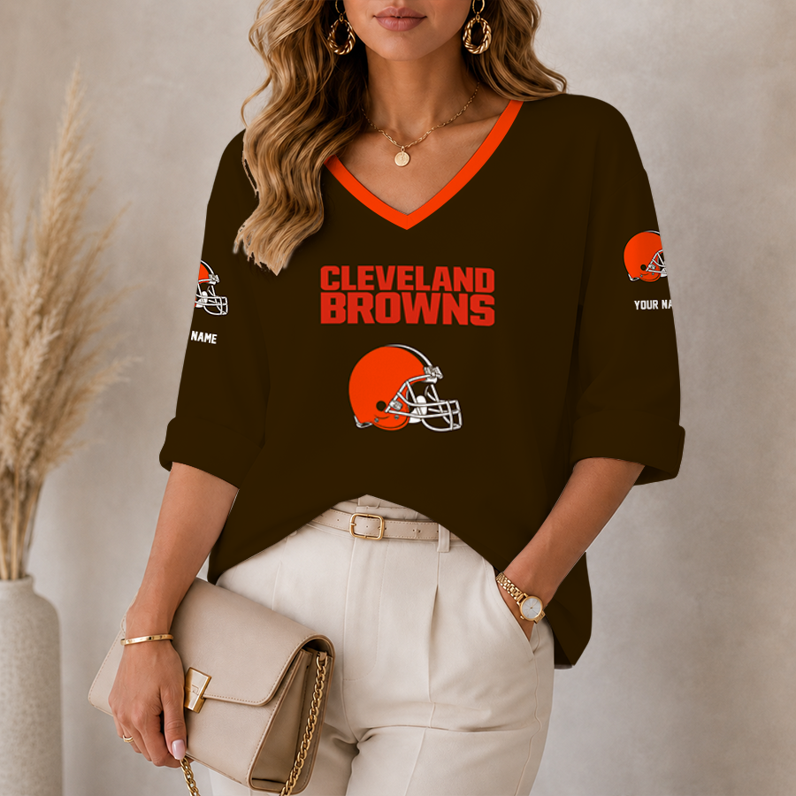[SPECIAL OFFER] NEW CUSTOMIZED NFL29 CLB CLEVELAND KHAKIS WOMEN'S HEART V-NECK LONG SLEEVE SHIRT