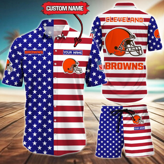 ELITE EDITION  - NEW CUSTOMIZED NFL29 CLB CLEVELAND BROWNS UNISEX INDEPENDENCE DAY HAWAIIAN SHIRT & SHORTS SET