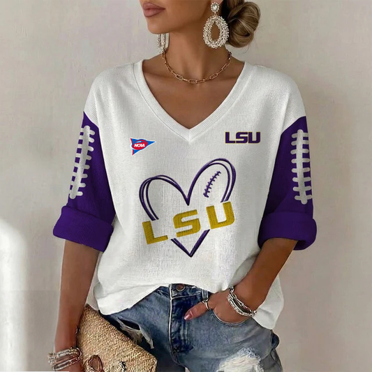 ELITE EDITION - NEW CUSTOMIZED NCAA FBS29 LST LSU TIGERS WOMEN'S HEART V-NECK LONG SLEEVE SHIRT