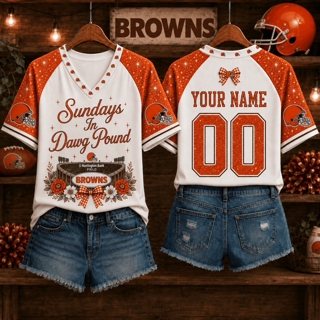 EXCLUSIVE EDITION - NEW CUSTOMIZED NFL29 CLB CLEVELAND BROWNS V-NECK FEMALE SHIRT
