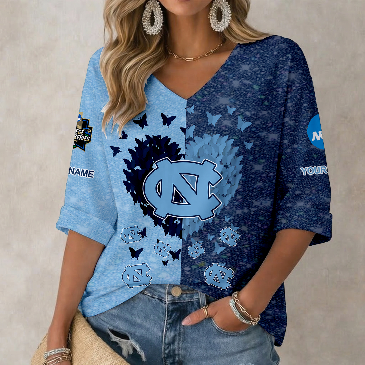LIMITED EDITION - NEW CUSTOMIZED NCAA CWS29 NTH NORTH CAROLINA TAR HEELS WOMEN'S HEART V-NECK LONG SLEEVE SHIRT