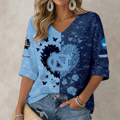 LIMITED EDITION - NEW CUSTOMIZED NCAA CWS29 NTH NORTH CAROLINA TAR HEELS WOMEN'S HEART V-NECK LONG SLEEVE SHIRT