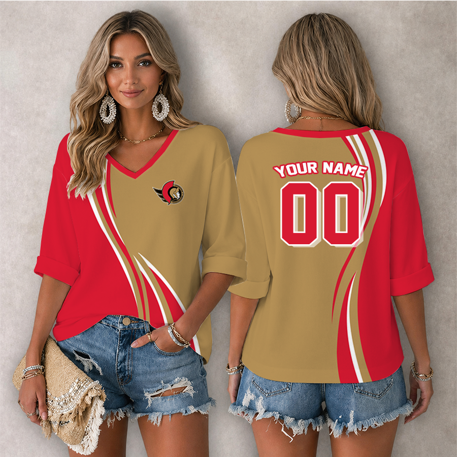 LIMITED EDITION - NEW CUSTOMIZED NHL29 OSN OTTAWA SENATORS WOMEN'S HEART V-NECK LONG SLEEVE SHIRT