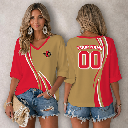 LIMITED EDITION - NEW CUSTOMIZED NHL29 OSN OTTAWA SENATORS WOMEN'S HEART V-NECK LONG SLEEVE SHIRT