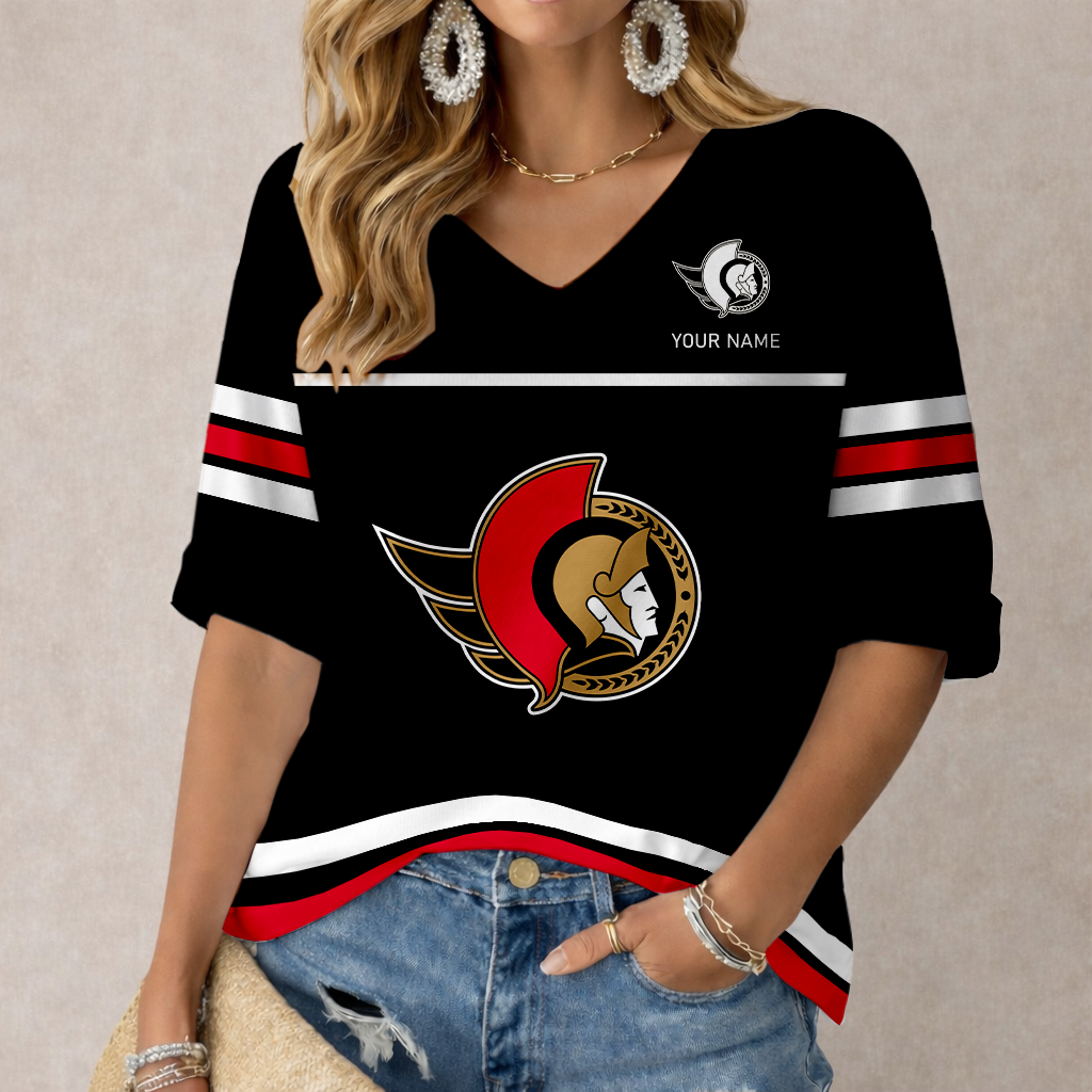 LIMITED EDITION - NEW CUSTOMIZED NHL29 OSN OTTAWA SENATORS WOMEN'S HEART V-NECK LONG SLEEVE SHIRT