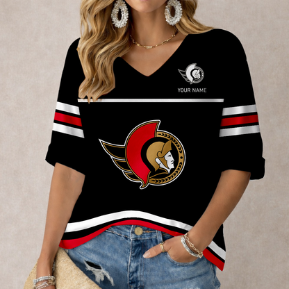 LIMITED EDITION - NEW CUSTOMIZED NHL29 OSN OTTAWA SENATORS WOMEN'S HEART V-NECK LONG SLEEVE SHIRT