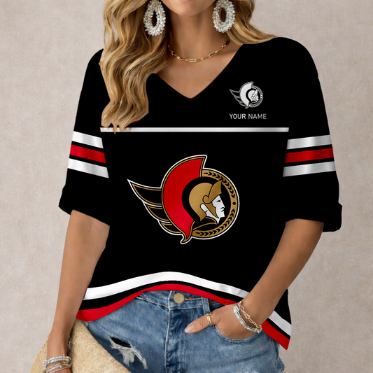 LIMITED EDITION - NEW CUSTOMIZED NHL29 OSN OTTAWA SENATORS WOMEN'S HEART V-NECK LONG SLEEVE SHIRT